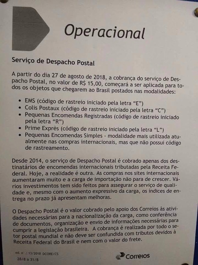 carta taxa fixa de R$ 15 em todas as encomendas internacionais